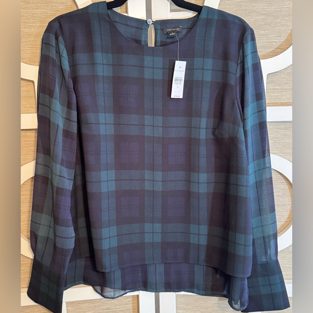 NWT! ANN TAYLOR, WM’S “TARTAN PLAID BLOUSE” WN’S SZ SM, GREEN & BLUE PLAID